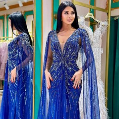 Mermaid V-neck Evening Dress with Beaded Tulle Layered Folded Prom Ball Gown