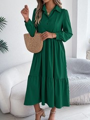 Casual Vacation Long Sleeved Turn-down Collar SingleBreasted Dress Spring Autum.