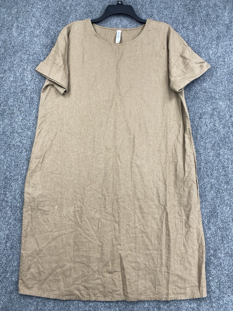 Zenana Outfitters Relaxed Fit Short Sleeve Light Brown Linen Shift Dress