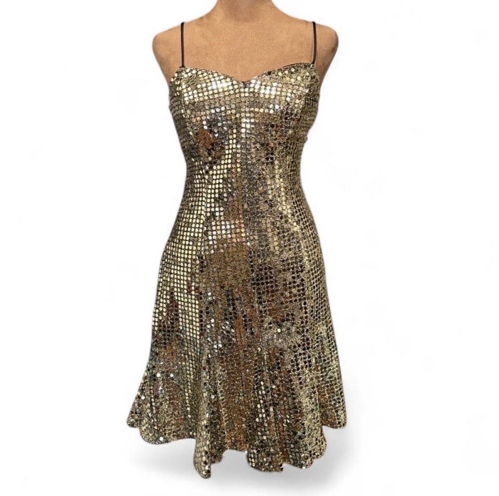 Roberta Gold Disk Sequins Flared Mini Dress 5/6 Vintage 80s 90s Party Prom Glam