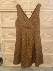 LANDS END Brown & White Polka Dot Dress Wrap Criss Front 100% Cotton Size 10