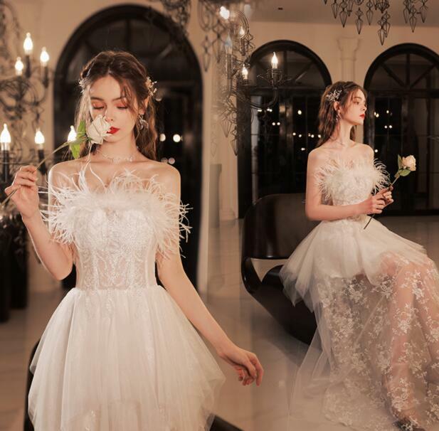 Gorgeous Chic Wedding Gown White Feather Tulle Embroidery Floral Evening Dresses