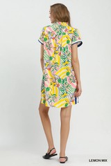 Umgee Tropical Print Collared Shift Dress – Lemon Mix – Small