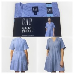 Gap Size: L Relaxed Fit Soft Blue Cotton Gauze Tiered Dress New With Tags