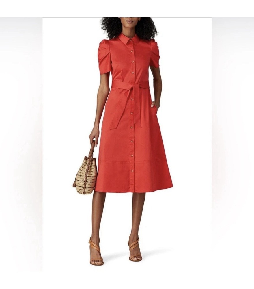 Shoshanna Red Collared Button-Front Puff Short Sleeve Belted Midi Shirt Dress 6
