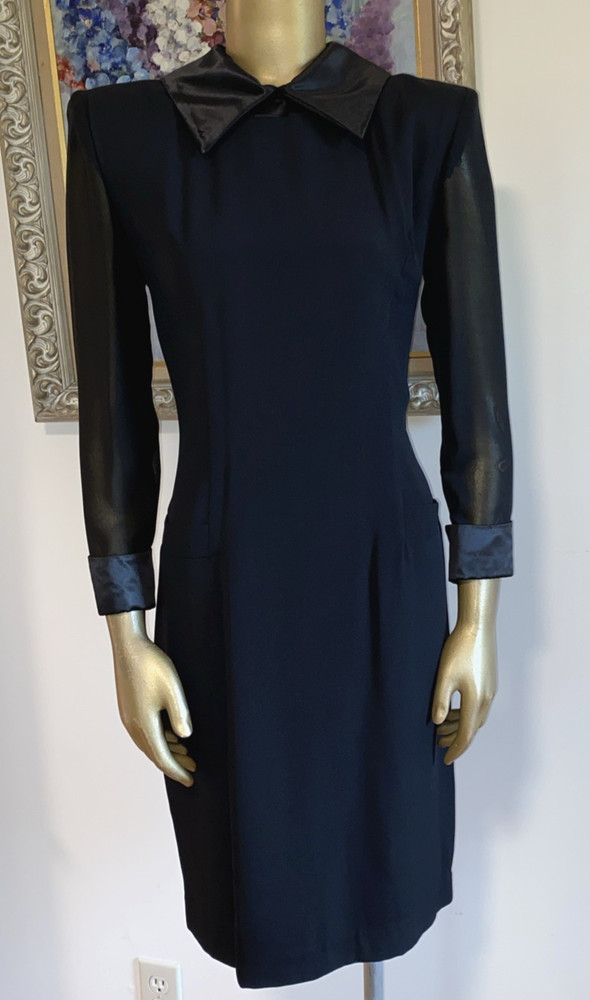 VTG Datiani Lined Black Crepe Fitted Dress 4 Satin Collar & Cuffs Sheer Sleeves