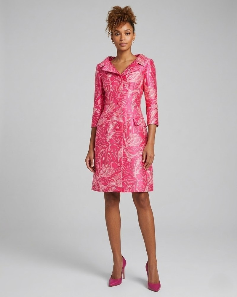 NWT Rickie Freeman for Teri Jon Botanical Jacquard Coat Dress in Pink Ivory 12