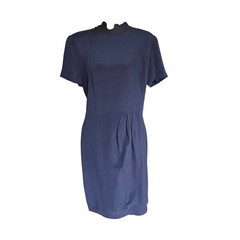 August Silk Navy Blue 100% Silk Short Sleeve Pleated Dress Size 10Quiet Luxury