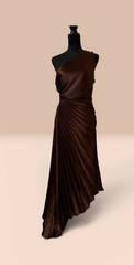 Fashion Nova Brown Satin One-Shoulder Pleated Maxi Dress Long Size L
