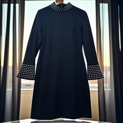 Karl Lagerfeld Paris Black Faux Pearl Trim Bell Sleeves Stretch Dress Size 8