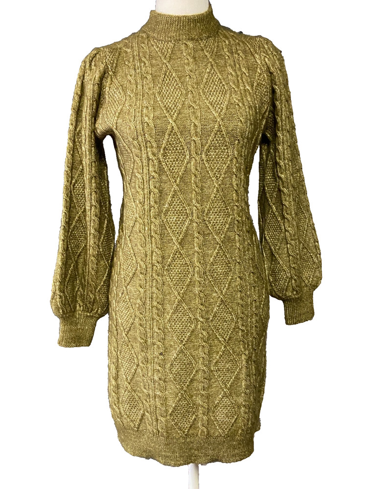 Ophelia Roe Sweater Dress Womens Large Olive Green Cable Knit Long Sleeve Mock N