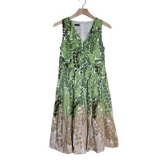 Talbots Womens 2P Green Tan Ombre Print A-Line Lined Dress with Pockets