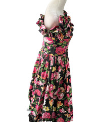 Vintage 80s Expo Black Floral Off Shoulder Boned Prom Dress Size 6 USA