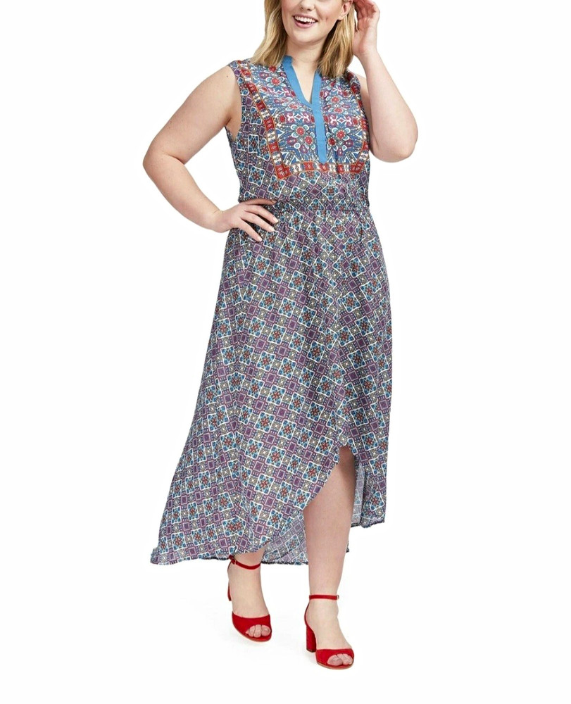 Tolani Cascade Mixed Print Modal Maxi Dress High Low Sleeveless, Plus 1X