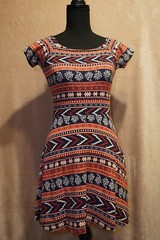 Forever 21 Red/Blue/Beige Tribal Print Cap Sleeve Skater Dress Size S