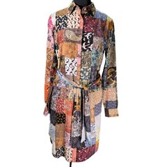 Unbreak.it Patchwork Silk Button Up Shirt Dress Small Tied Wild Animal Print