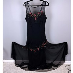 Xscape Silk Beaded Floral Mesh Gown Black Asymmetrical Tiered Formal Dress