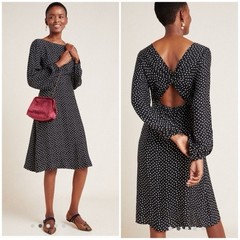 Anthropologie Agatha Midi Twist Back Dress Black with White Polka Dots size 12