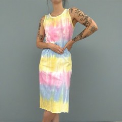 Pastel Tie Dye Rainbow Sherbet Cotton Midi Dress (Small)