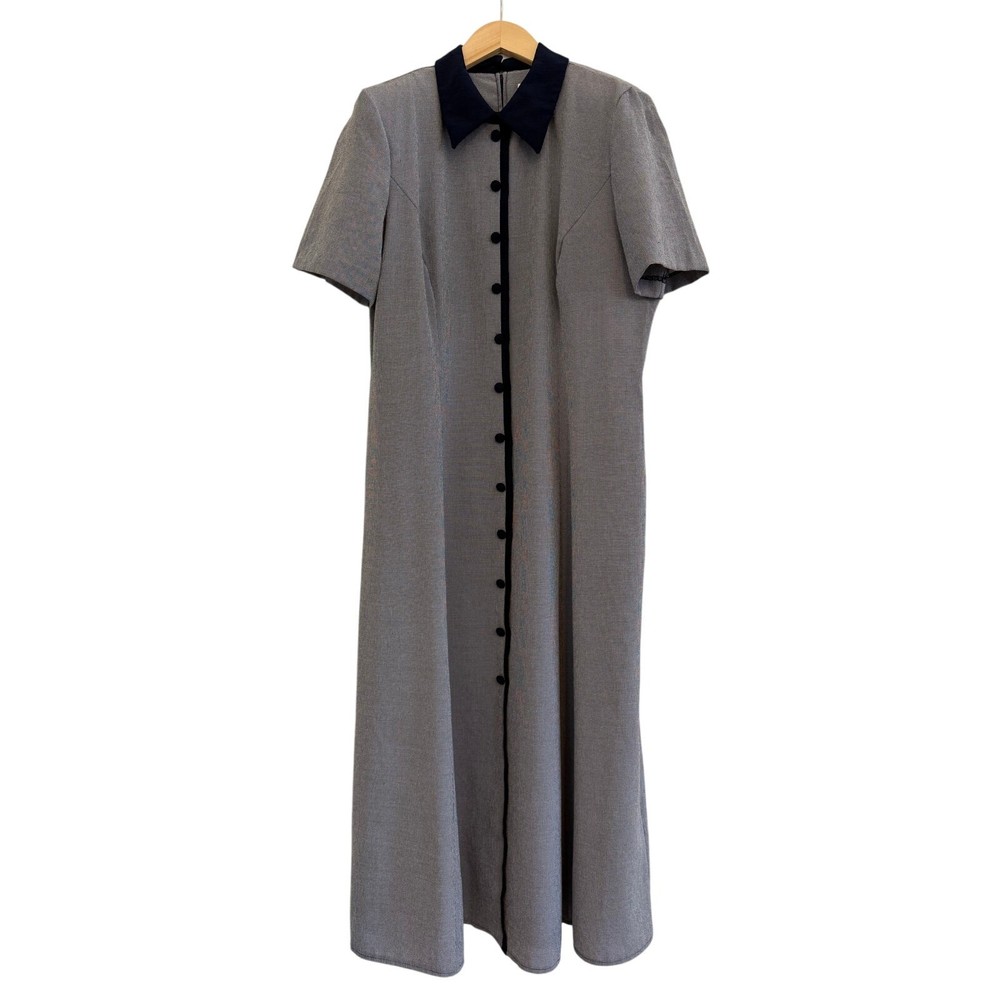 Kathie Lee Button Down Houndstooth Maxi Dress Womens 14 Blue Vintage 90s Cottage