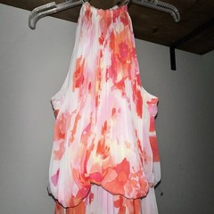 MSK Ladies Sz 14 Floral Chiffon Halter Maxi Dress Pleated Lightweight Lined