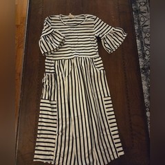 women small ivory blue striped dress, midi length