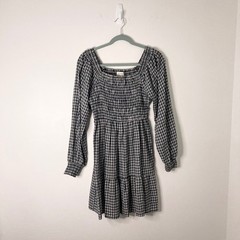 Jessica Simpson Black White Gingham Smocked Mini Dress Square Neck Long Sleeve S