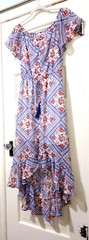 Maurices sz SMALL LONG BOHO Peasant Dress Blue Red Yellow Beige Hi Low Hem EUC