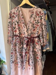 JESSAKA Pink Floral Embroidered Mesh V-Neck Midi A-Line Dress XL