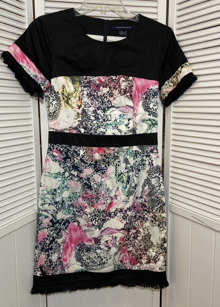 French Connection Womens Dress Sz 4 White Multi Sheath Fringe Trim NWT Abstract