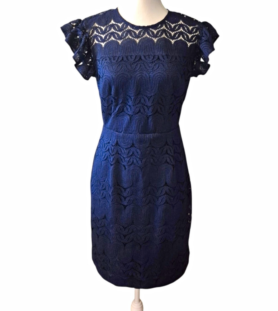 Trina Turk Women&rsquo;s Blue Lace Sheath Dress 6 Round Neck Flutter Ruffle Lined
