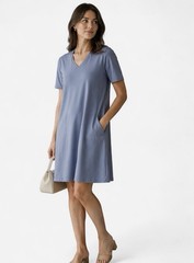 Eileen Fisher Chambray V-neck Basic Tee Dress Stretch Organic Cotton Size XS/TP