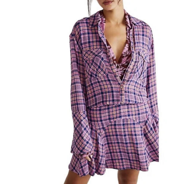 Free People Milo Pink Blue Plaid Mini Dress Button Front Size XS Elastic Waist
