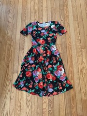 LuLaRoe dress zipper pleated skirt pockets scoopneck black floral party