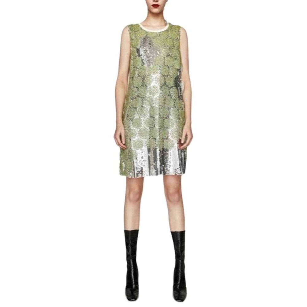 Zara Lime Green Silver Sequin Crochet Layered Sleeveless Mini Dress, size M