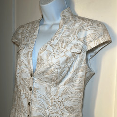Kay Unger 100% Cotton Cap Sleeve Button Up White Gold Midi Fit and Flare Dress 8