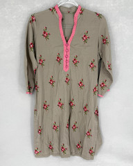 Boho Tunic Dress Womens Medium Gray Floral Embroidered Shift 3/4 Sleeve V Neck