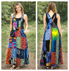 Vintage Y2K Handmade Patchwork Festival Boho Hippie Overall Bib Maxi Dress M