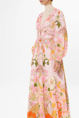 CAMILLA « Clever Clogs » Linen V-Neck Empire Waist Floral Smocked Maxi Dress, M