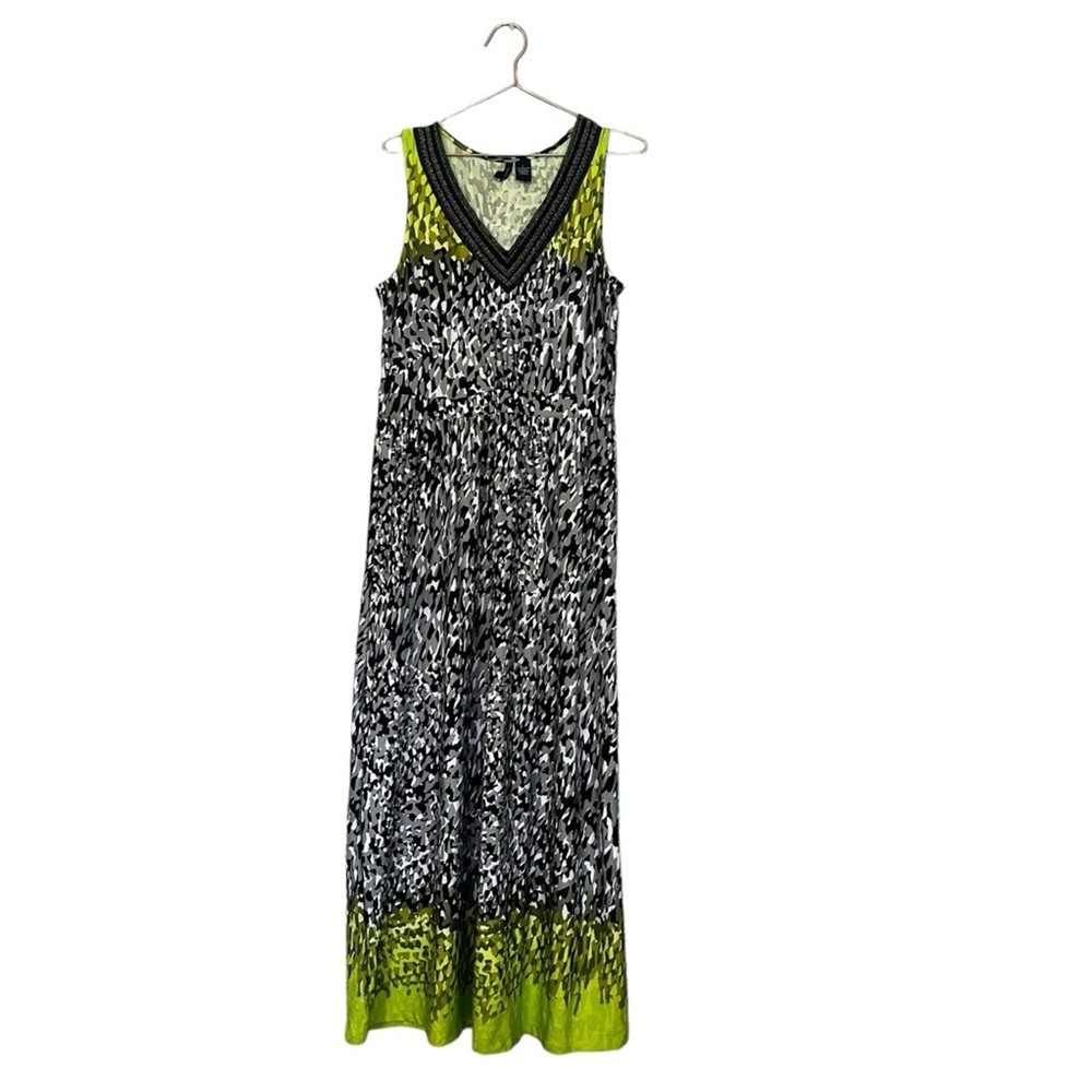 New Directions Beaded V-Neck Sleeveless Multicolor Camouflage Maxi Dress large