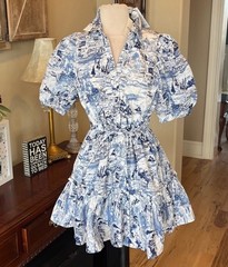 Sugarlips White Blue Etchings Collared Puff Sleeve Mini Ruffle Hem Puff Sleeve