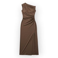 Commense Asymmetric One Shoulder Brown Maxi Dress Slit Jersey XL – Modern Chic