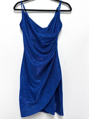 BCX Dress straps Metallic Blue Shiny Ruched Club Party Glam size XS