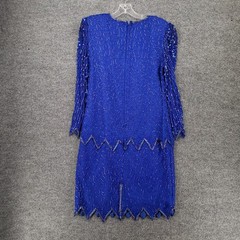 VINTAGE Laurence Kazar Dress Women L Large Blue Knee Length Silk Cocktail Sequin