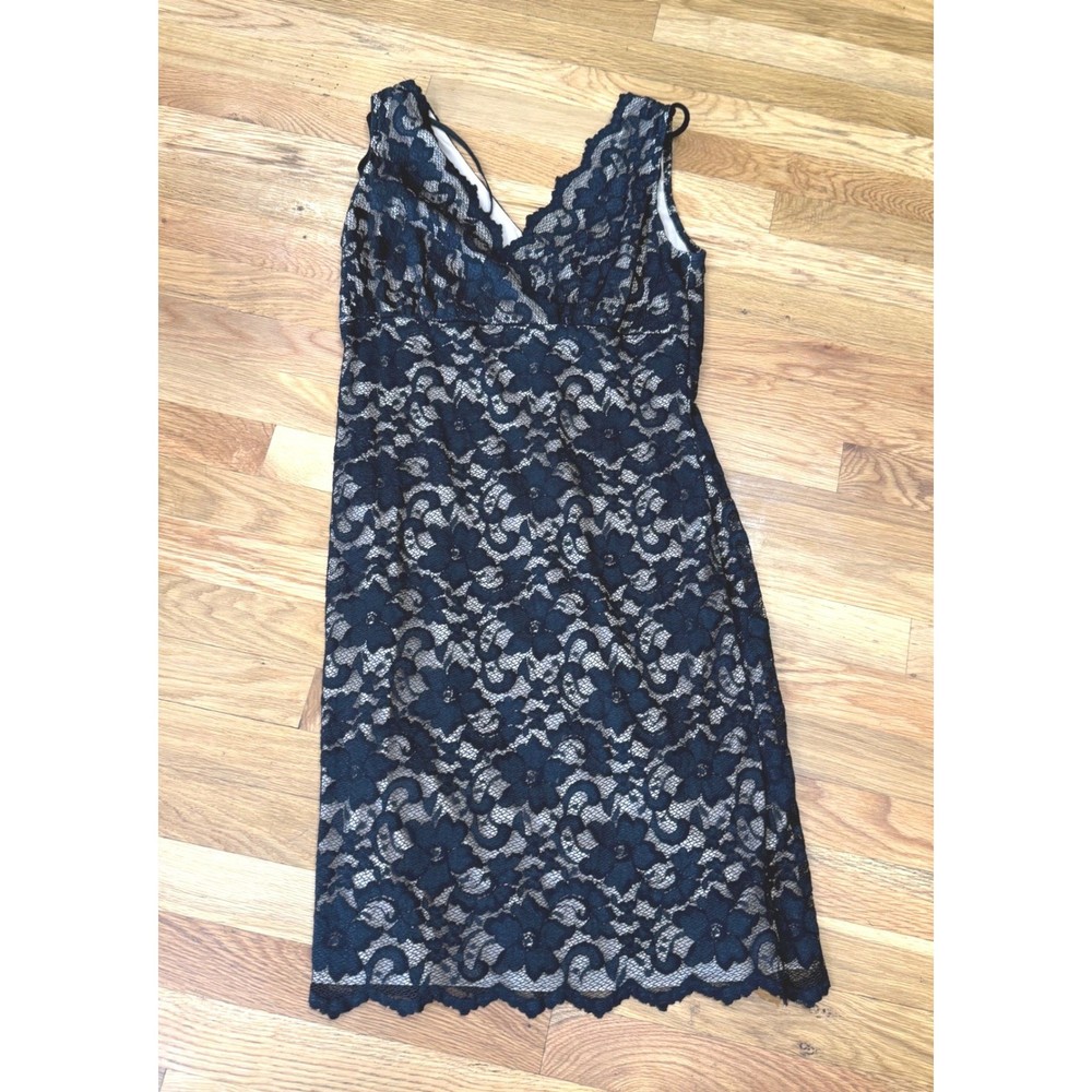 Ronni Nicole by Ouida Black Floral Lace Sheath Dress V-Neck Nude Lining