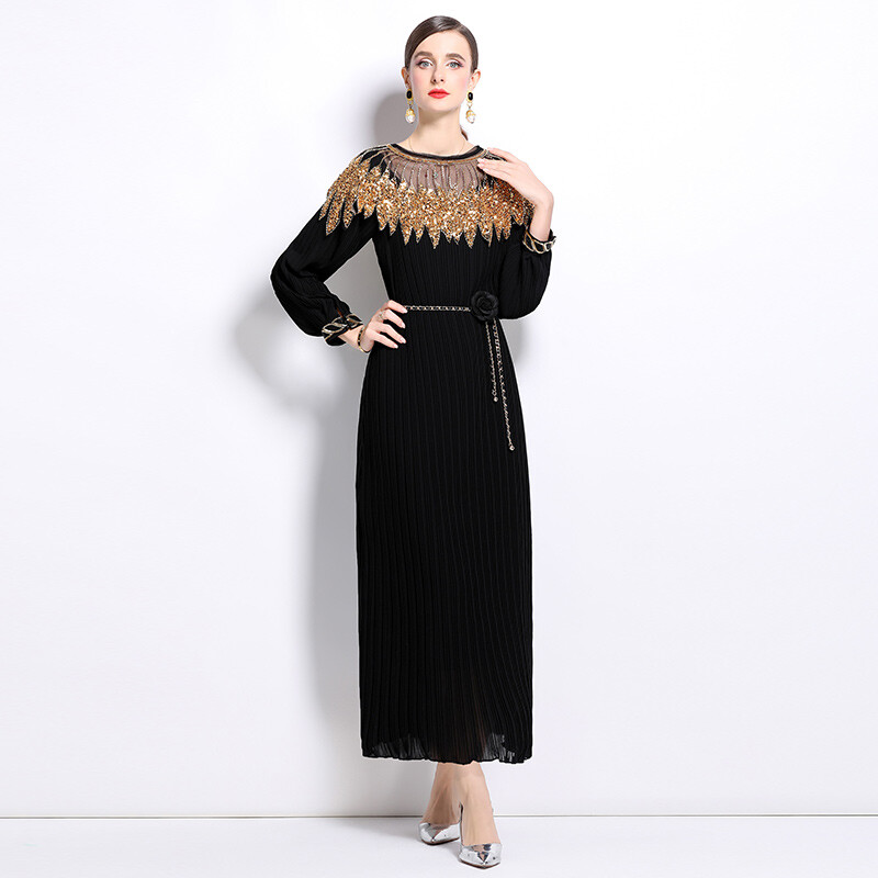 Chiffon Sequins Applique Loops Long Sleeve Women Casual Party Midi Pleated Dress