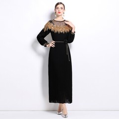 Chiffon Sequins Applique Loops Long Sleeve Women Casual Party Midi Pleated Dress