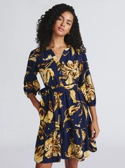 NEW NWT Navy Blue Print Sz XS (0-2) Belted Shirt Dress Side Pockets TIME & TRU