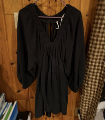 Free People Black V-Neck Smocked Romper L Balloon Long Sleeve Rayon Button