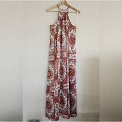 Honey Belle Bohemian Silk Baroque Paisley Brown Terracotta Maxi‎ Dress Small
